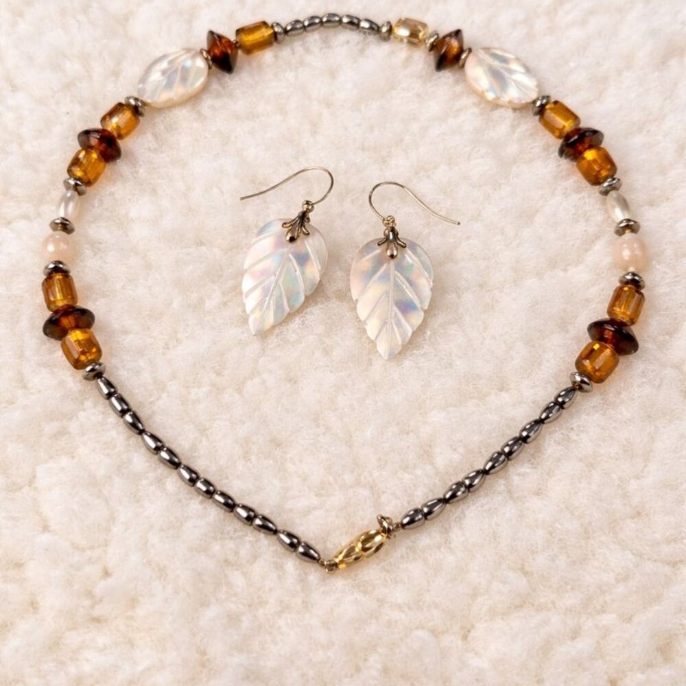 Amber Glass & Mother of Pearl Leaf Jewelry Set Necklace Earrings Boho Nature